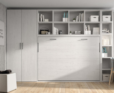 Habitación con cama abatible con estantería, armario y escritorio