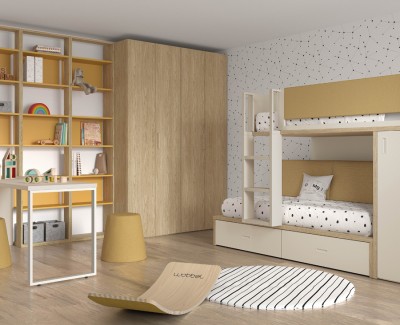 Habitación juvenil con litera, armario y escritorio con estantería