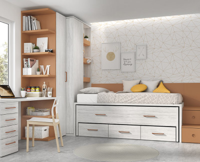 Habitación infantil con cama nido con 3 cajones y escalera, armario de rincón y escritorio con cajones