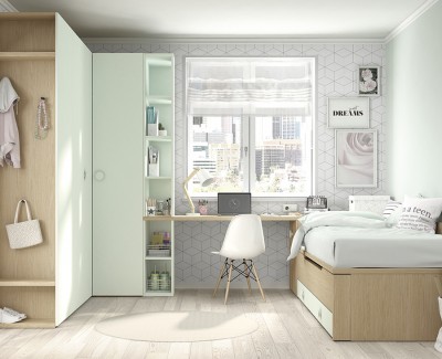 Habitación juvenil con cama nido de 2 cajones, armario de rincón, armario terminal y escritorio con estantería