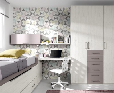 Habitación juvenil con cama compacta, armario, escritorio y estantes