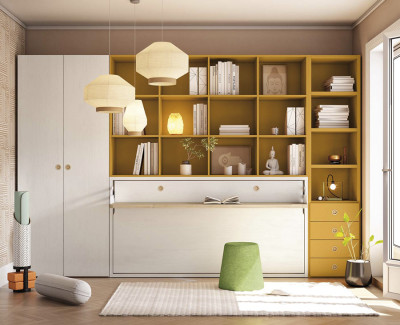 Habitación con cama abatible con escritorio, estanterías, cajones y armario