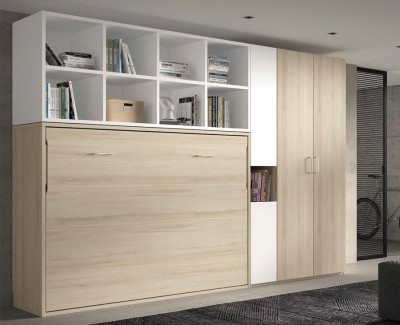 Habitación con cama abatible horizontal con estanterías y armario