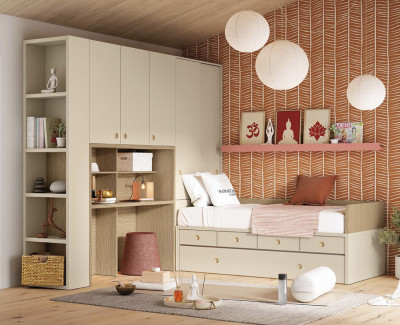 Habitación con cama nido de 4 cajones, armario y escritorio