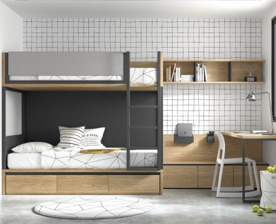 Dormitorio juvenil con litera y escritorio con estantes y cajones