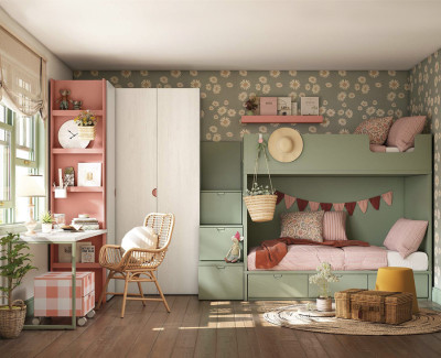 Habitación con litera con 3 cajones y escalera, armario y escritorio