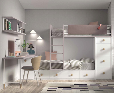 Habitación con litera de 7 cajones y escritorio con arcón