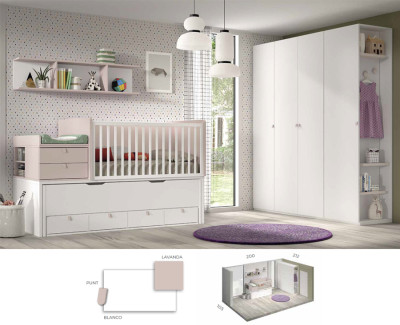 Habitación con cuna convertible en cama y escritorio infantil, y armarios