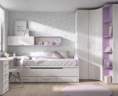 Habitación infantil con cama nido con cajones, armario de rincón, armario terminal, y escritorio con cajones