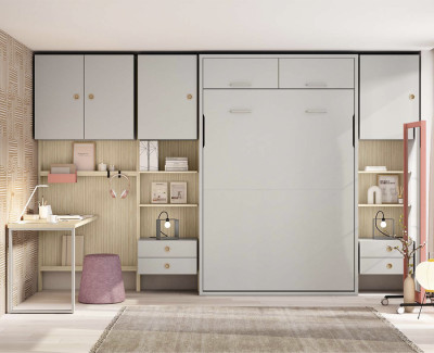 Habitación juvenil con cama abatible, armario puente, escritorio con estanterías y cajones