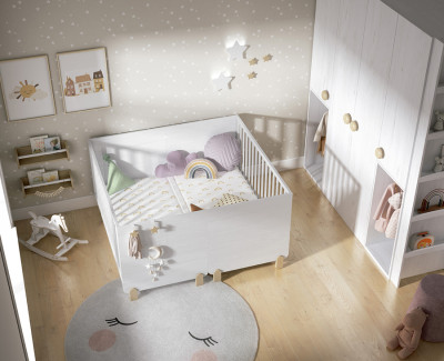 Habitación bebé gemelar con doble cuna convertible y armario