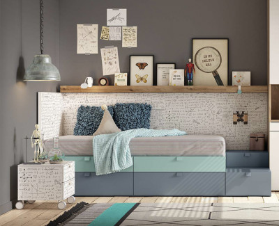 Cama compacta con escalera de 6 cajones y módulo con ruedas