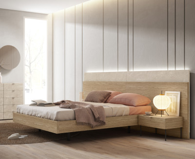 Cama doble con cabezal doble, mesitas de noche y cómoda