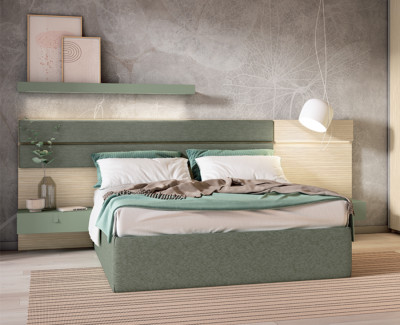 Cama canapé doble tapizada, cabezal, mesitas de noche y cómoda