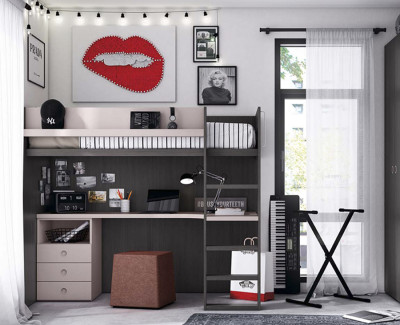 Cama alta con escritorio y 3 cajones