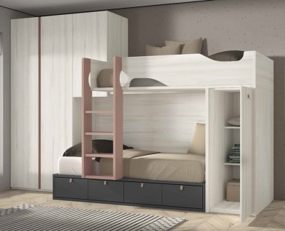 Habitación juvenil con litera de 4 cajones, armario extraíble y armario con puertas batientes