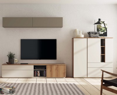 Mueble TV con 2 cajones y 1 puerta batiente, estanterías de pared y mueble auxiliar con puertas y cajones