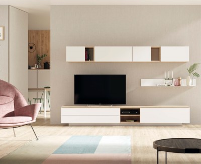 Mueble TV con cajones y puerta abatible, y conjunto de estanterías de pared