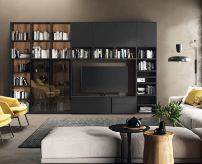 Mueble TV con 2 cajones y puerta abatible, y librería con puertas de vidrio