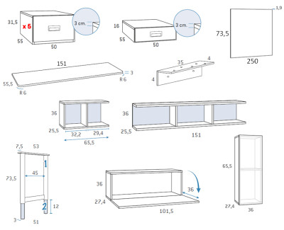 Escritorio con conjunto de estanterías de pared y cajones