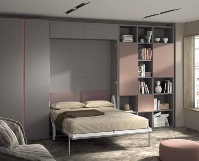 Habitación juvenil con cama abatible con escritorio, armario y librería