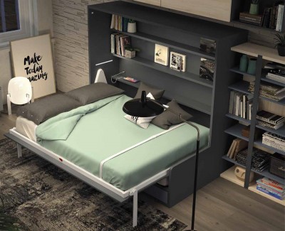 Dormitorio senior con cama abatible con sofá, mueble TV y librería