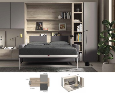 Dormitorio senior con cama abatible con sofá, armarios, estantería y mueble de almacenaje