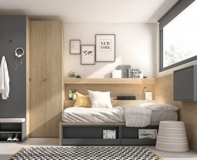 Habitación juvenil con cama compacta, armario esquinero y escritorio abatible