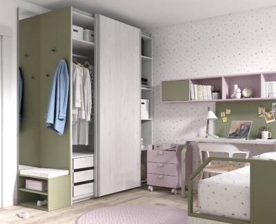 Habitación juvenil con cama compacta con cajones, armario, estantería terminal con espejo, escritorio, y módulo con ruedas
