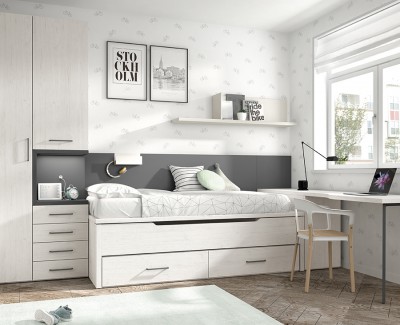 Habitación juvenil con cama nido, armario, y escritorio con arcón extraíble