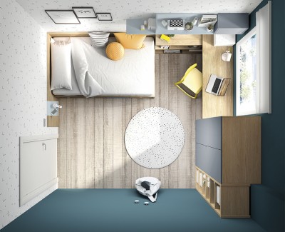 Habitación juvenil con cama compacta de 4 cajones, escritorio, y armario con estantería