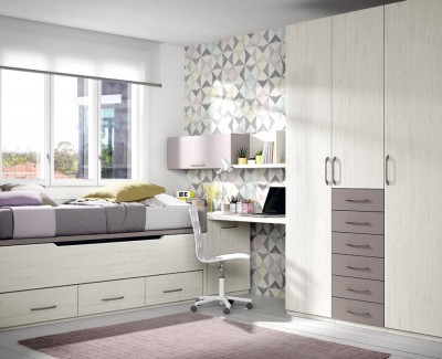 Habitación juvenil con cama compacta, armario, escritorio y estantes