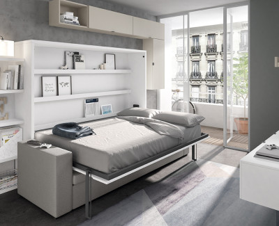 Dormitorio con cama abatible con sofá con canapé y estanterías