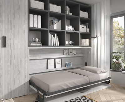 Habitación con cama abatible con escritorio, armario y estantería