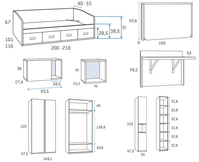 Habitación con cama compacta con 4 cajones