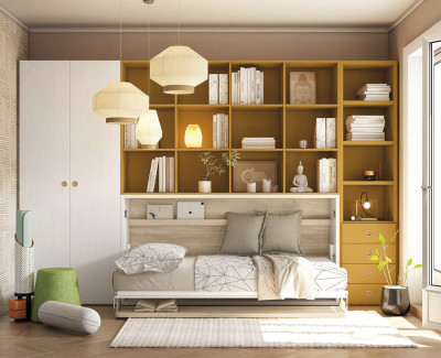 Habitación con cama abatible con escritorio, estanterías, cajones y armario