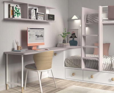 Habitación con litera de 7 cajones y escritorio con arcón