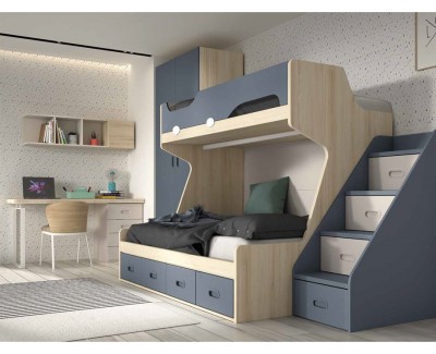 Habitación juvenil con litera, armario y escritorio con estantes