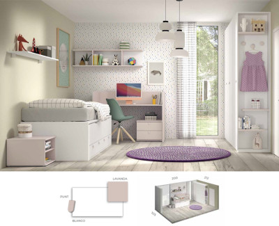 Habitación con cuna convertible en cama y escritorio infantil, y armarios