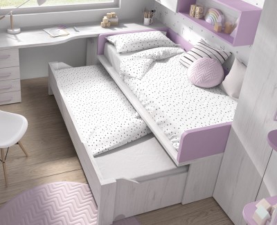Habitación infantil con cama nido con cajones, armario de rincón, armario terminal, y escritorio con cajones