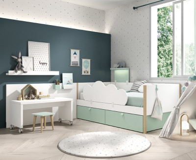 Habitación infantil con cama compacta de 2 cajones y escritorio con taburete