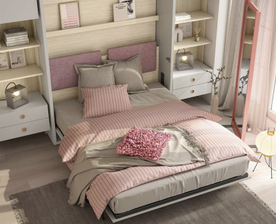 Habitación juvenil con cama abatible, armario puente, escritorio con estanterías y cajones