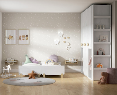 Habitación bebé gemelar con doble cuna convertible y armario
