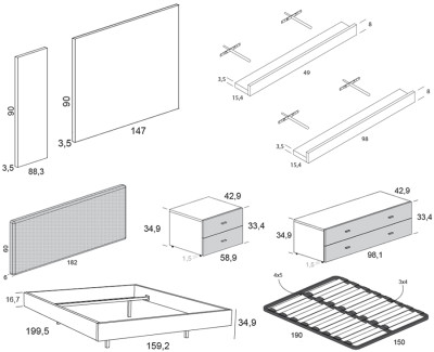 Cama doble con cabezal tapizado, mesitas de noche y estantes revisteros