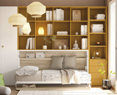 Cama abatible horizontal con estantería y escritorio
