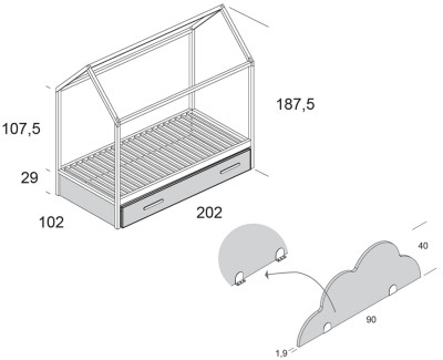 Cama casita con cama supletoria y con quitamiedos en forma de nube