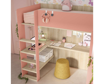Cama alta doble con escritorio y armario