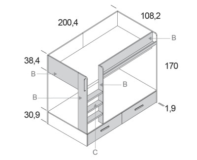 Litera con 2 cajones y quitamiedos revistero