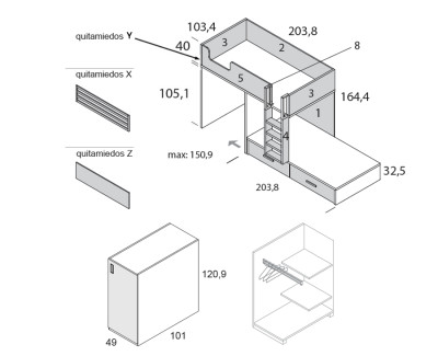 Litera con 2 cajones y armario