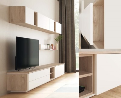 Mueble TV con cajones y puerta abatible, y conjunto de estanterías de pared